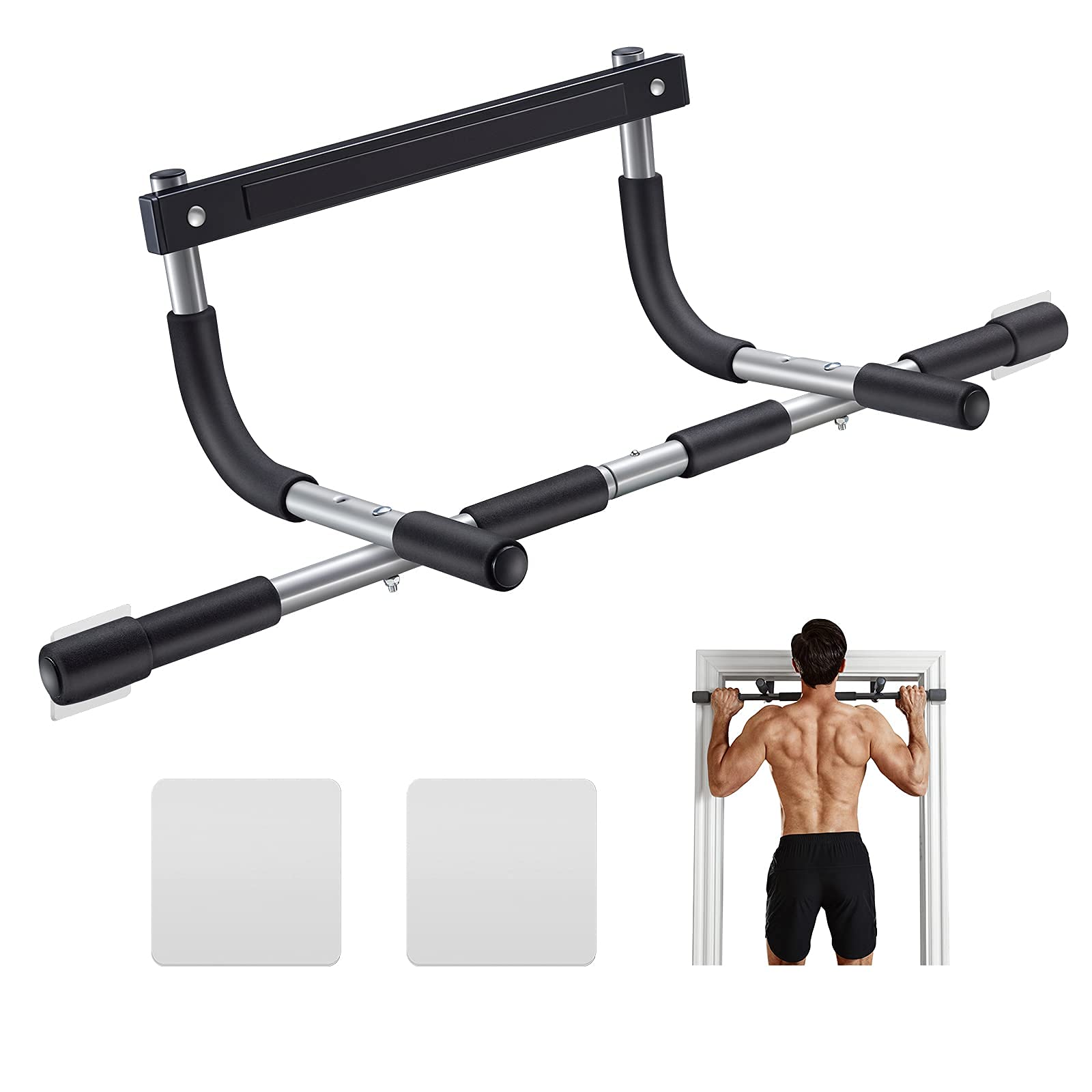 Silver thickened steel doorway pull-up bar with multi-grip handles installed in a doorframe