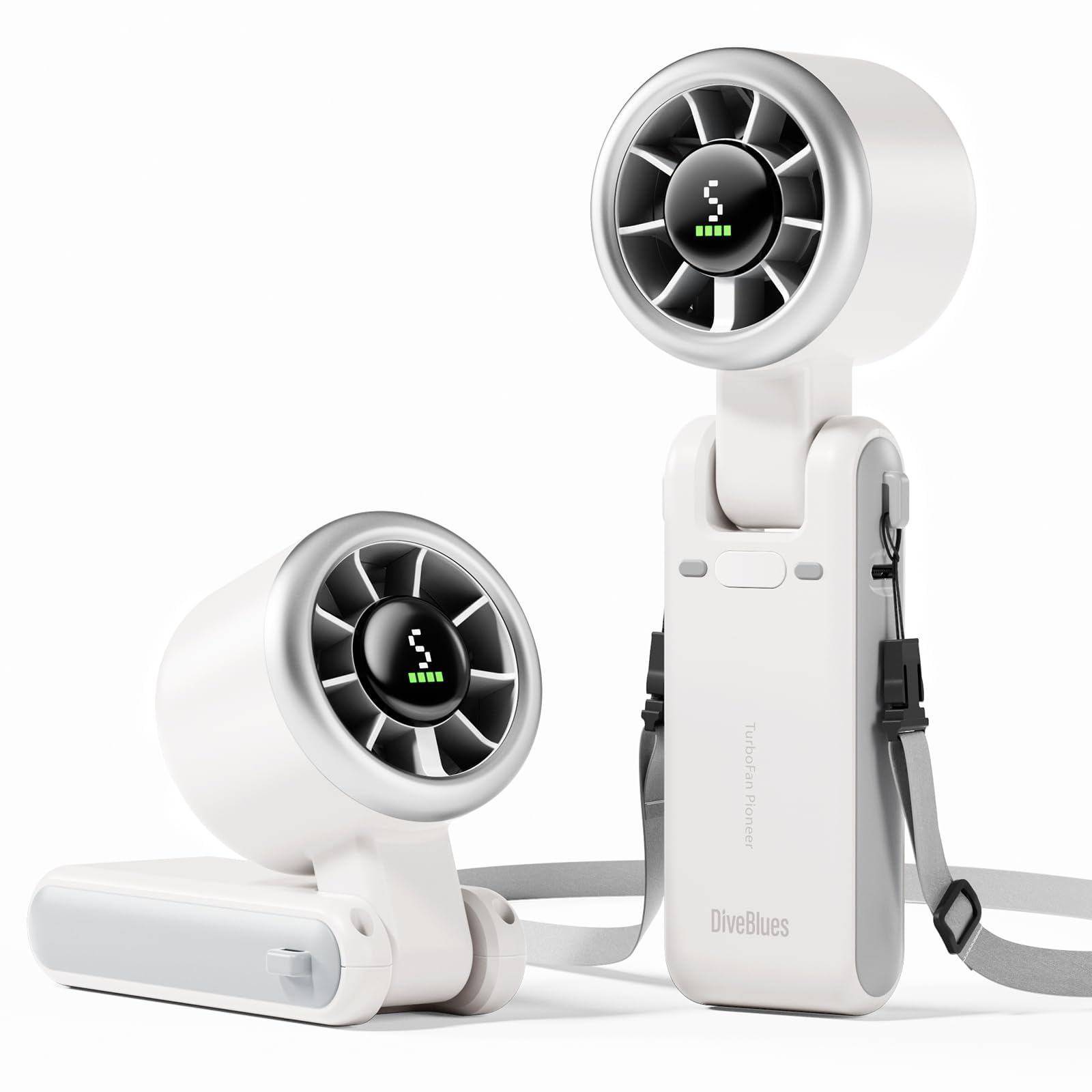 Silvery white Diveblues portable handheld turbo fan with ergonomic handle and visible blades