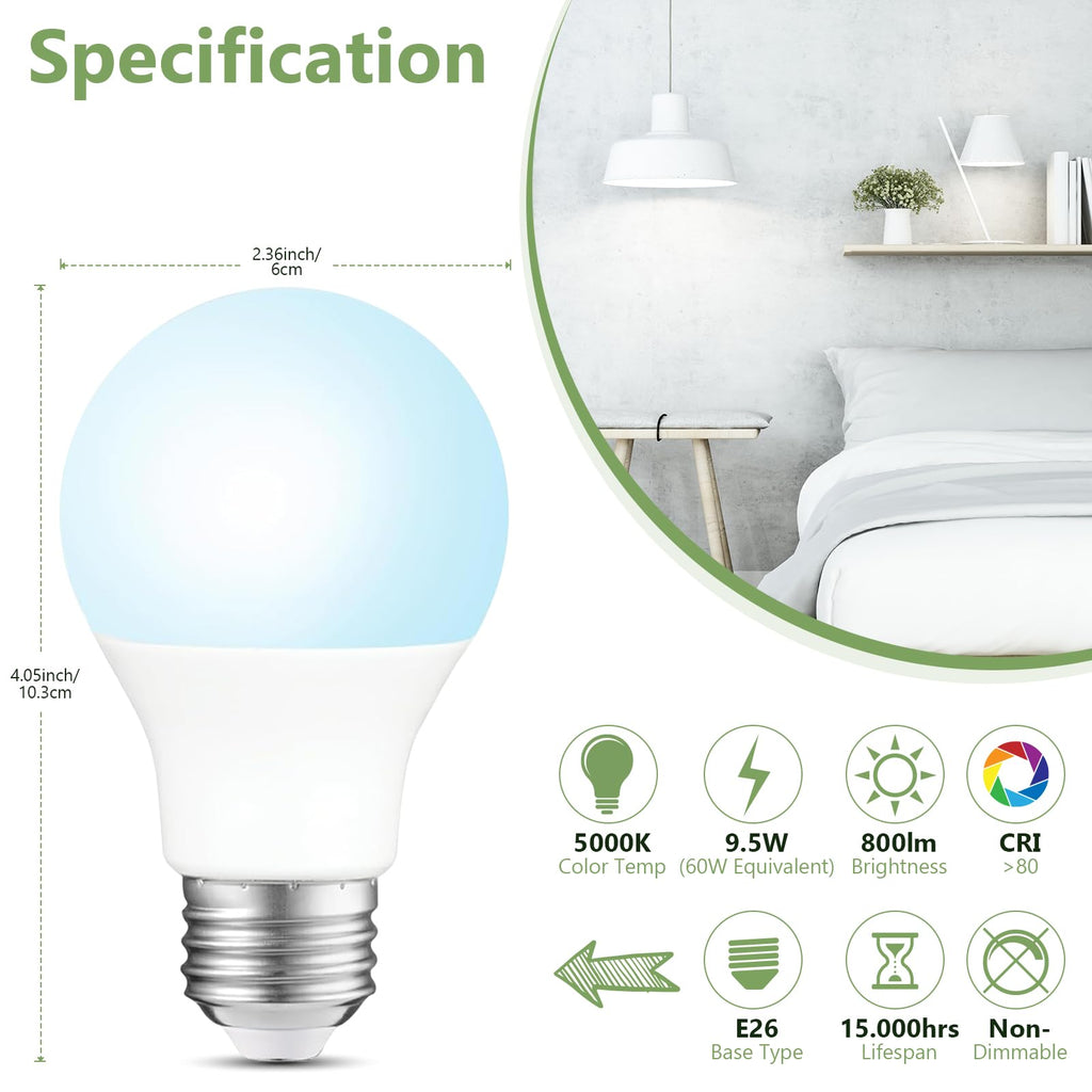 Sigalux A19 LED Light Bulbs, 60W Equivalent Daylight 5000K, 800 Lumens Non-Dimmable, Energy-Saving 9.5W E26 Medium Base Bulbs, Long-Lasting Home Lighting for Bedroom Living Room, 16 Pack image 2