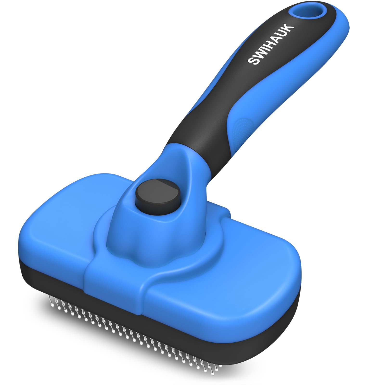 Blue Swihauk self-cleaning slicker brush showing stainless pins, ergonomic handle