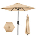 Sand 7.5ft round patio umbrella on steel pole; crank lift plus push-button tilt, open over patio table