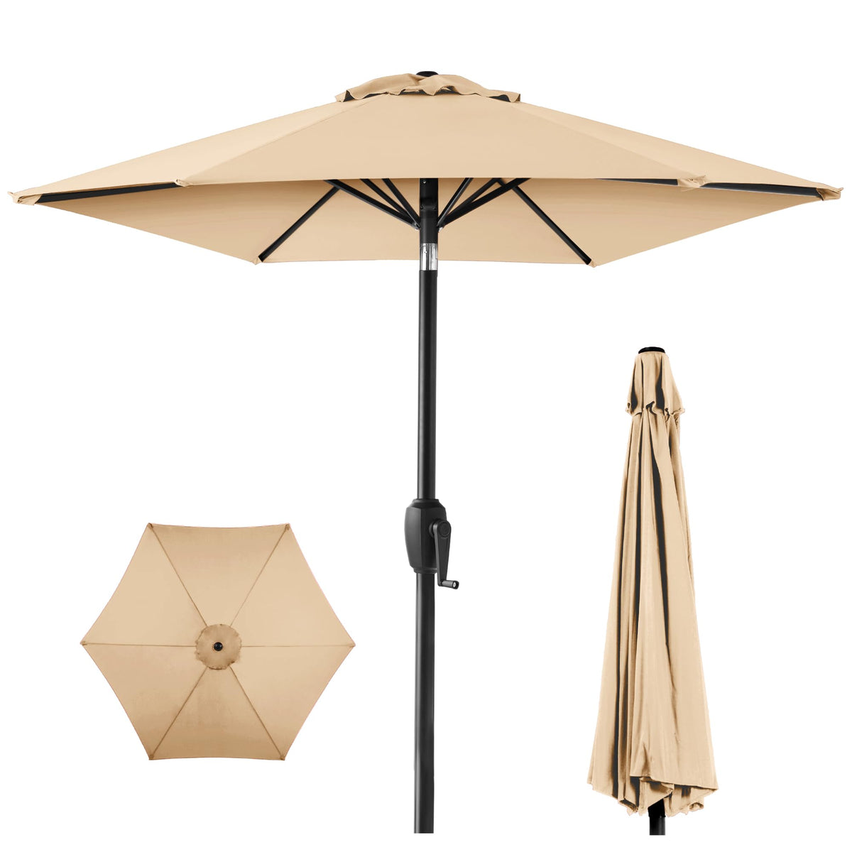 Sand 7.5ft round patio umbrella on steel pole; crank lift plus push-button tilt, open over patio table