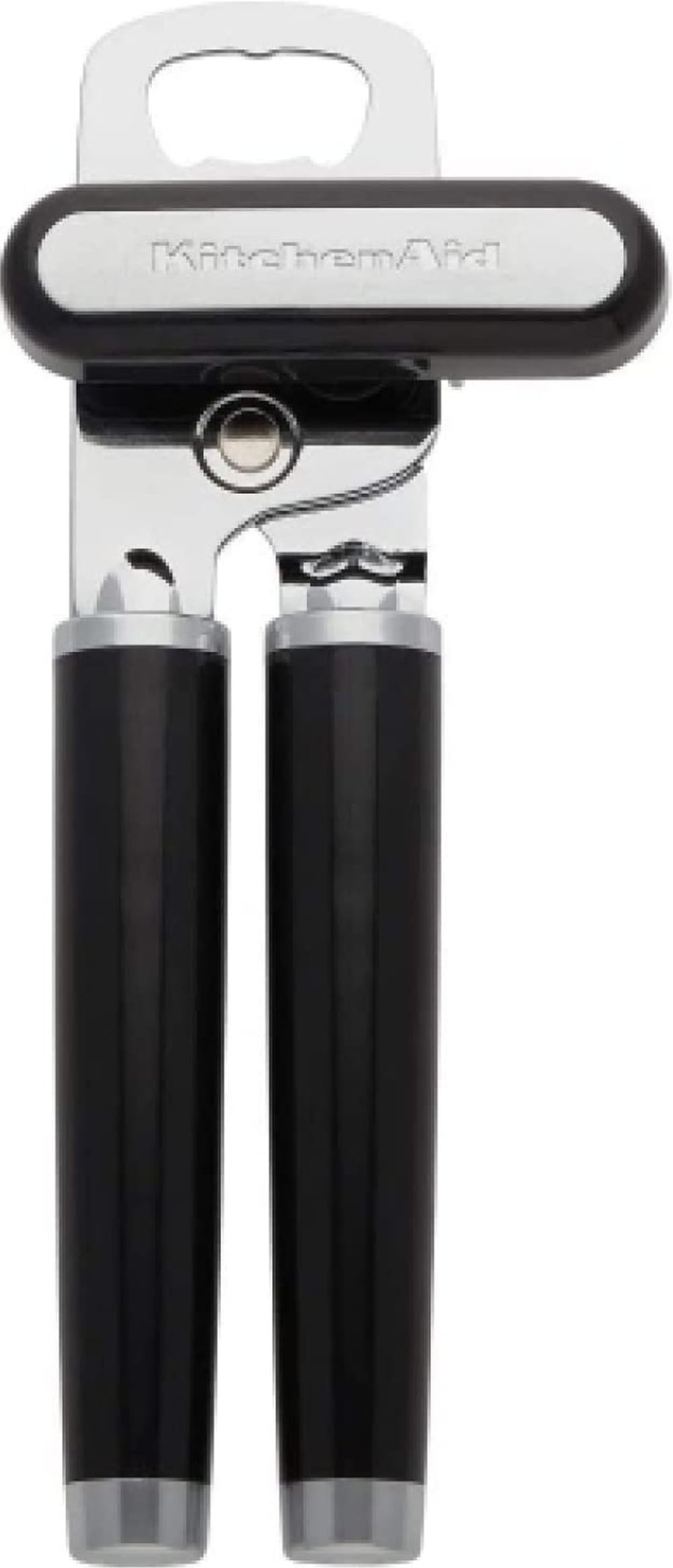 Black KitchenAid multifunction can and bottle opener with soft ergonomic handles and stainless steel cutting wheel