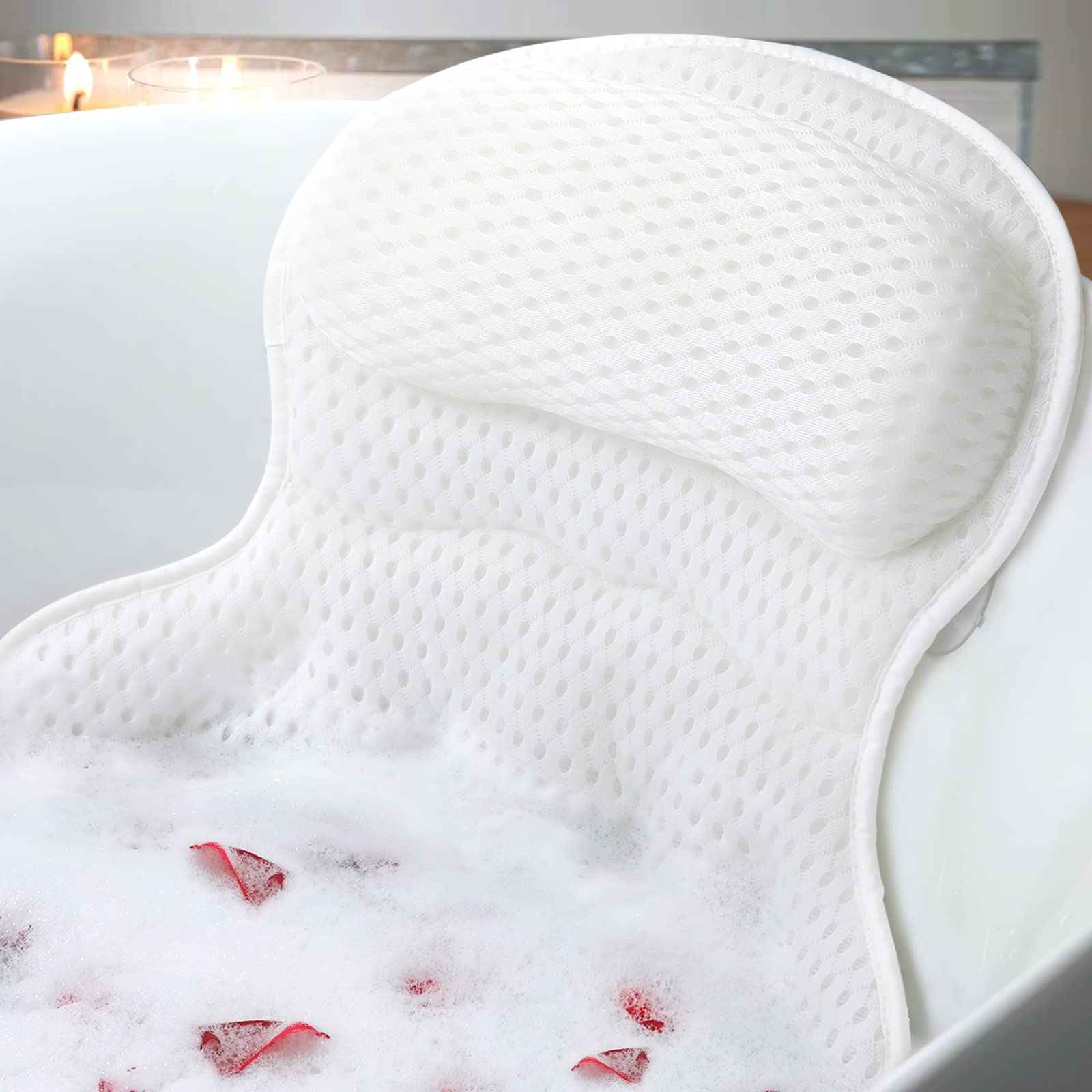 Ozyalo bathtub pillow on tub edge showing ergonomic head and neck support and suction cups