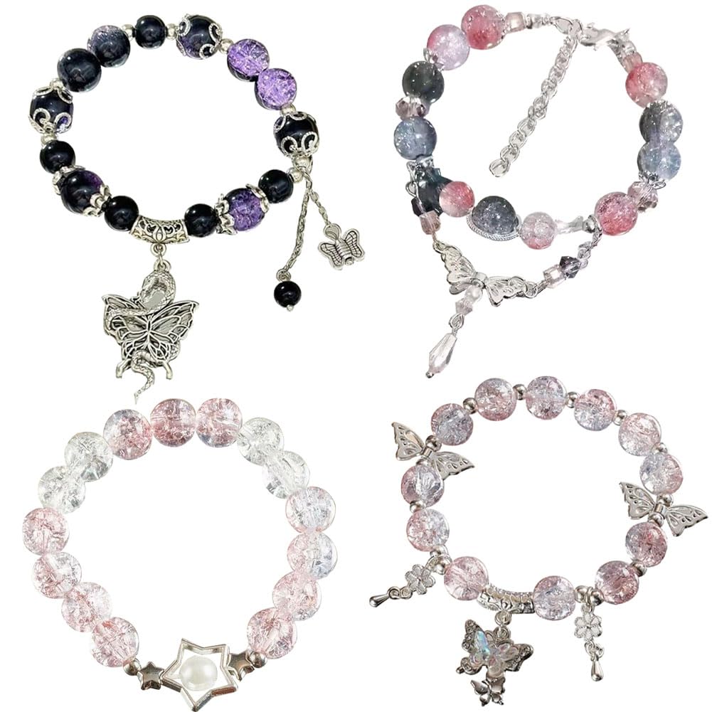 PENEXIU Butterfly Bead Bracelets Women Matching Glasses Crystal Bracelet Suit (ALL, One Size)