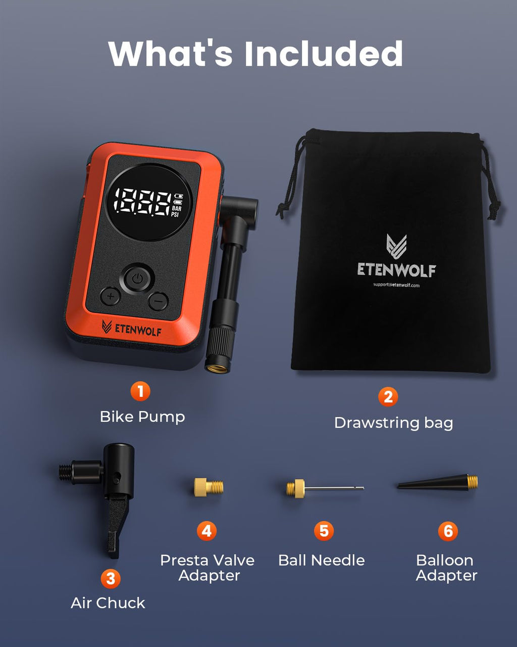 ETENWOLF S0 Mini Bike Pump, 20s Fast Inflate Bicycle Pump with Gauge,Orange image 9