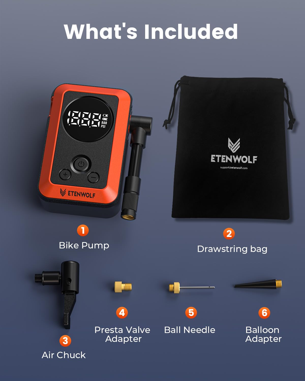 ETENWOLF S0 Mini Bike Pump, 20s Fast Inflate Bicycle Pump with Gauge,Orange image 9
