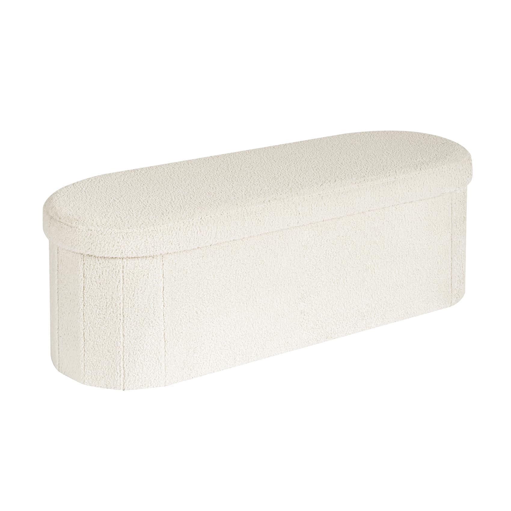 Cream Sherpa folding storage ottoman bench, collapsible 43.3-inch upholstered seat with removable lid
