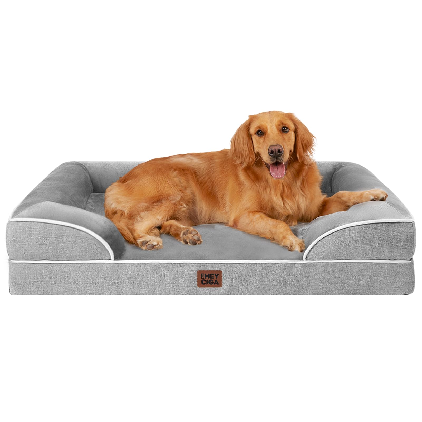 Grey EHEYCIGA large orthopedic memory foam dog bed with raised sides and removable washable cover
