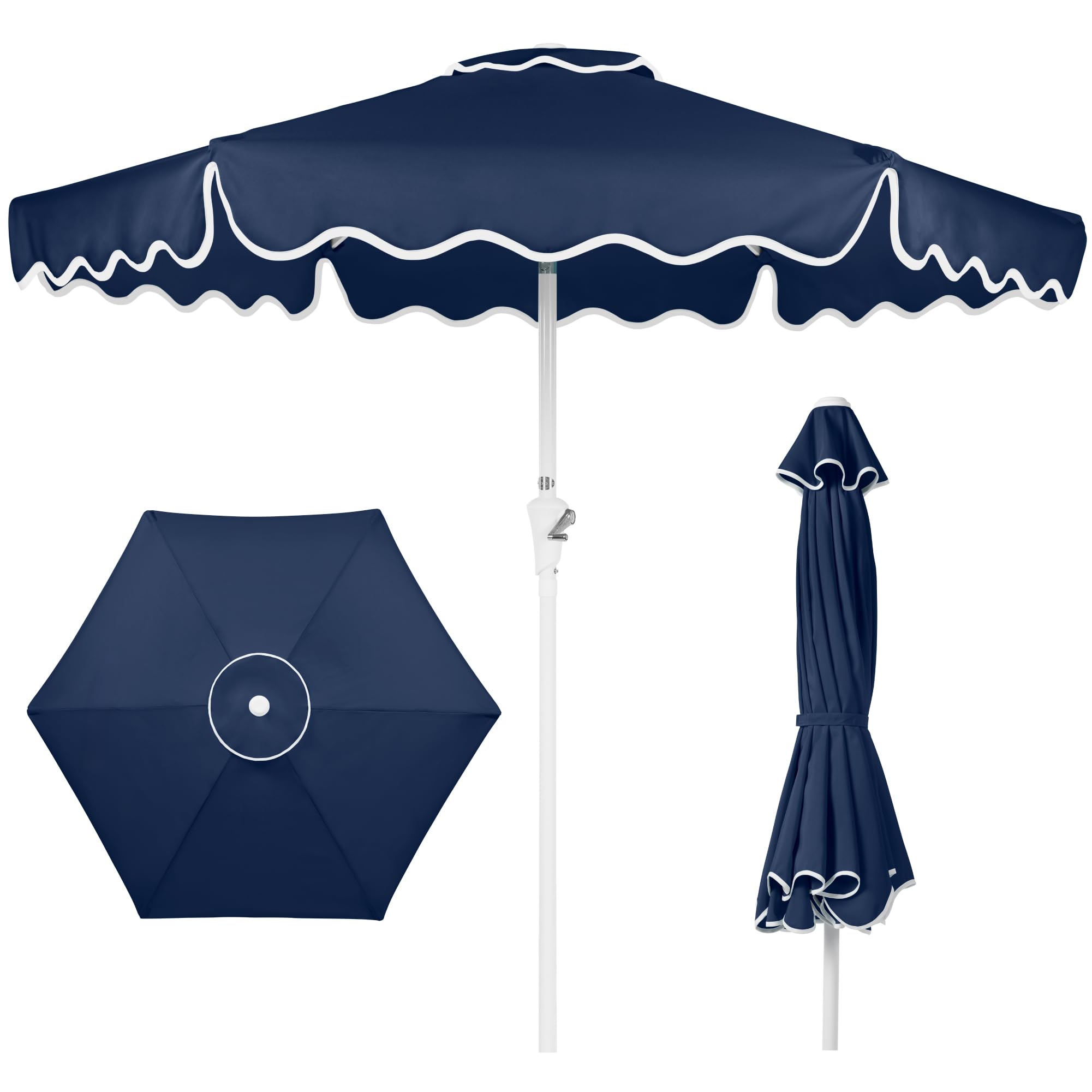 Navy blue 7.5ft patio market umbrella with wavy trim, crank handle and wind vent