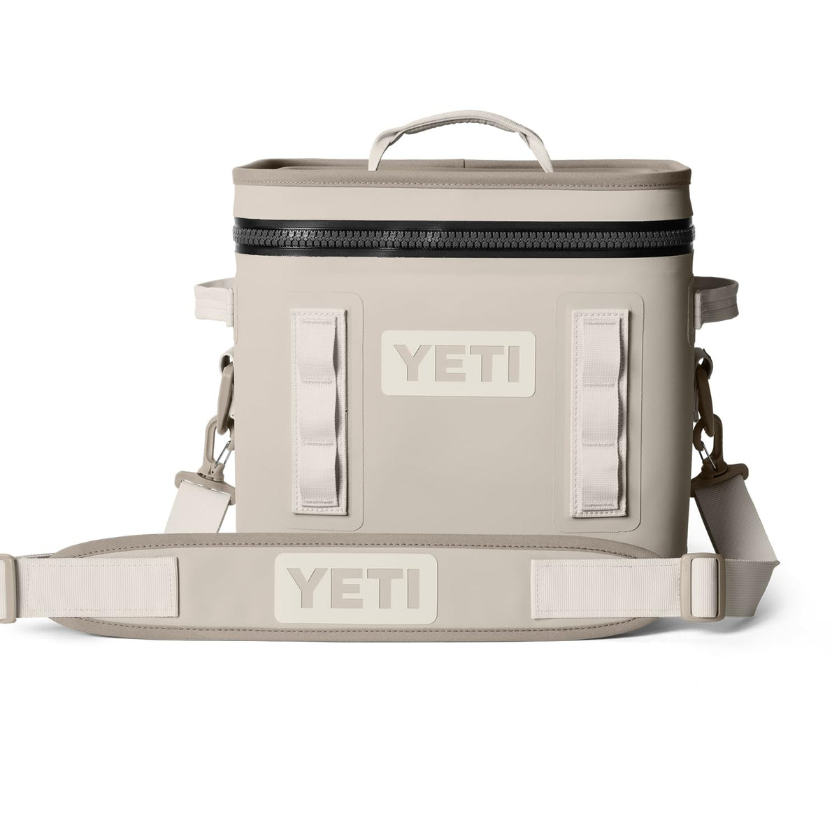 YETI Hopper Flip 12 soft cooler in Cape Taupe, closed top and carry handle visible
