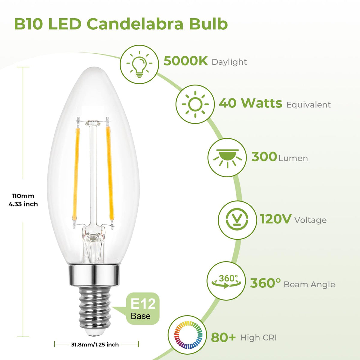 Sigalux Dimmable E12 LED Candle Bulbs for Chandelier, 40W Equivalent, 5000K Daylight White, 3W, 300LM, B10 Shape, 6-Pack image 2