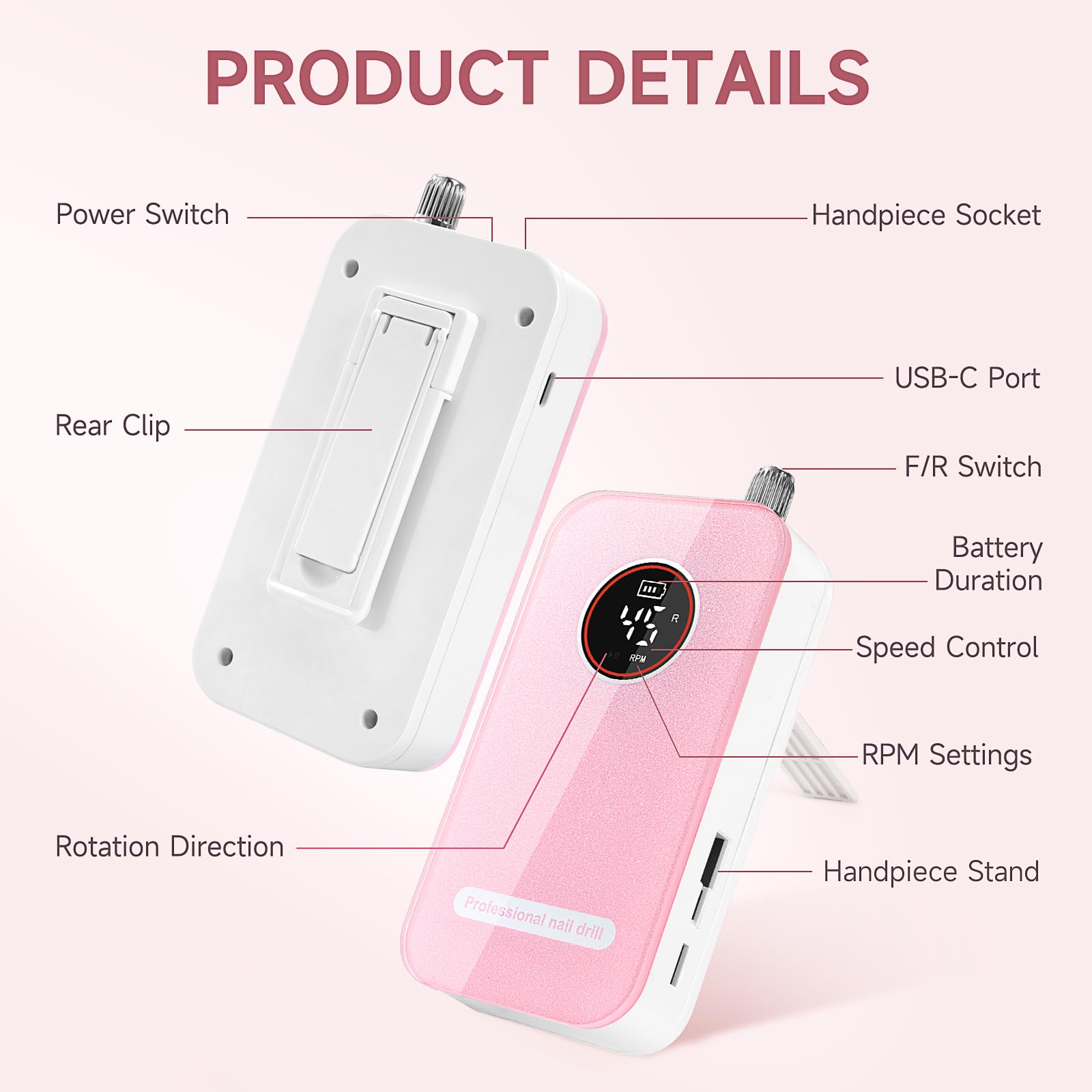 Professional Nail Drill Electric File 45000RPM, Portable Rechargeable Electric Nail File with 11 Drill Bits & 50 Sanding Bands, Low Noise Nail Drill Kit for Acrylic Gel Nails, Salon & Home Use, Pink image 4