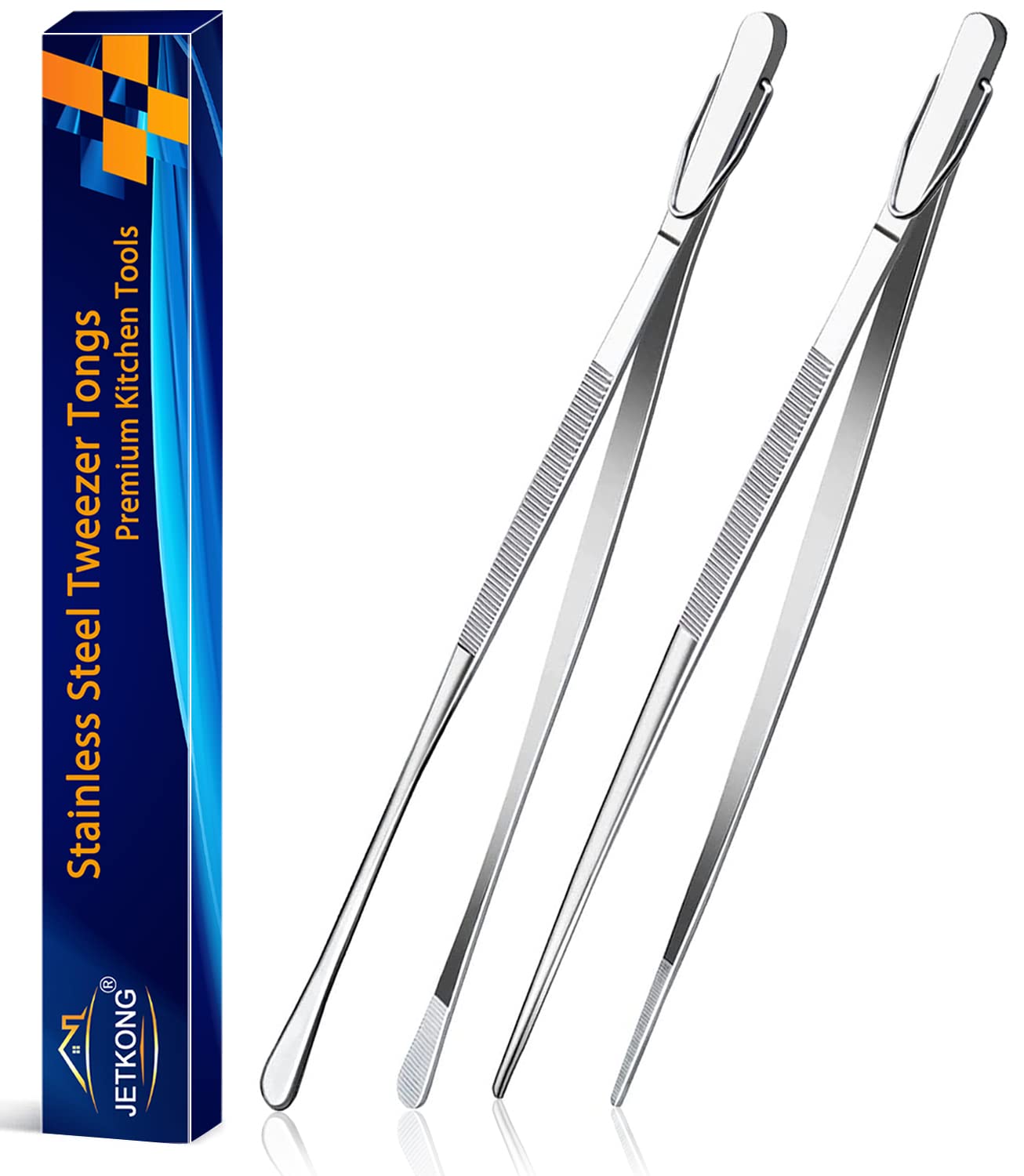 Two JETKONG 12-inch stainless steel kitchen tweezers in silver