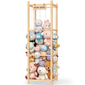 Wooden zoo-themed stuffed animal storage organizer holding plush toys in kids room