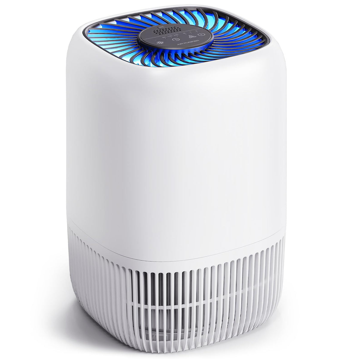 White VOOPNU tower air purifier showing control panel and HEPA filter