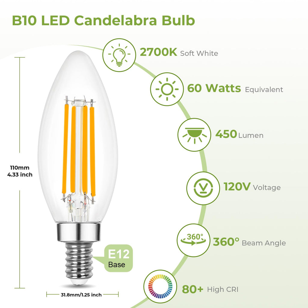 Sigalux LED Candelabra Light Bulbs, Dimmable E12 LED Bulb 60W Equivalent, 2700K Soft White, B10 Candle Bulbs for Chandelier, 5W, 450LM,12 Pack image 2