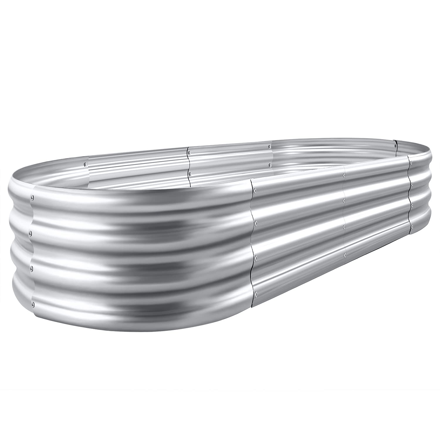 Large oval galvanized metal raised garden bed kit assembled outdoors with soil and vegetables
