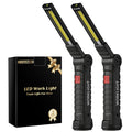 Two Coquimbo rechargeable LED work lights showing hooks, stands