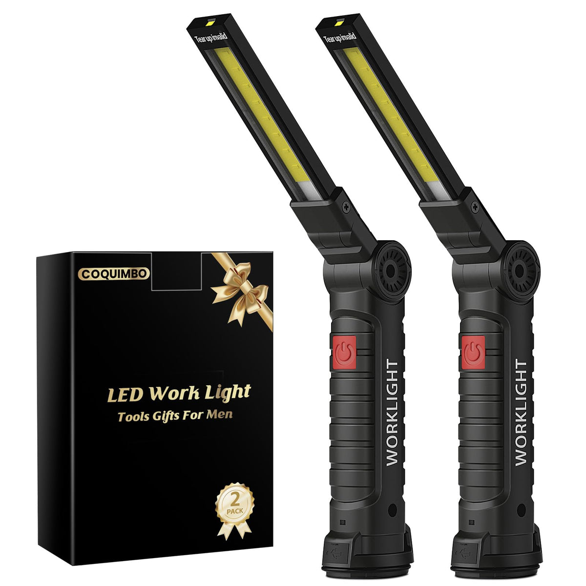 Two Coquimbo rechargeable LED work lights showing hooks, stands