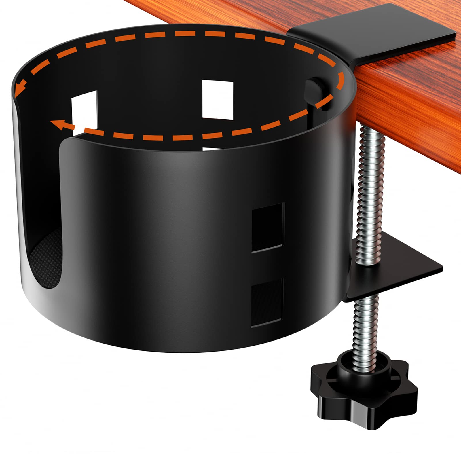 Black OOKUU clamp-on metal desk cup holder attached to desk edge holding a bottle, pens
