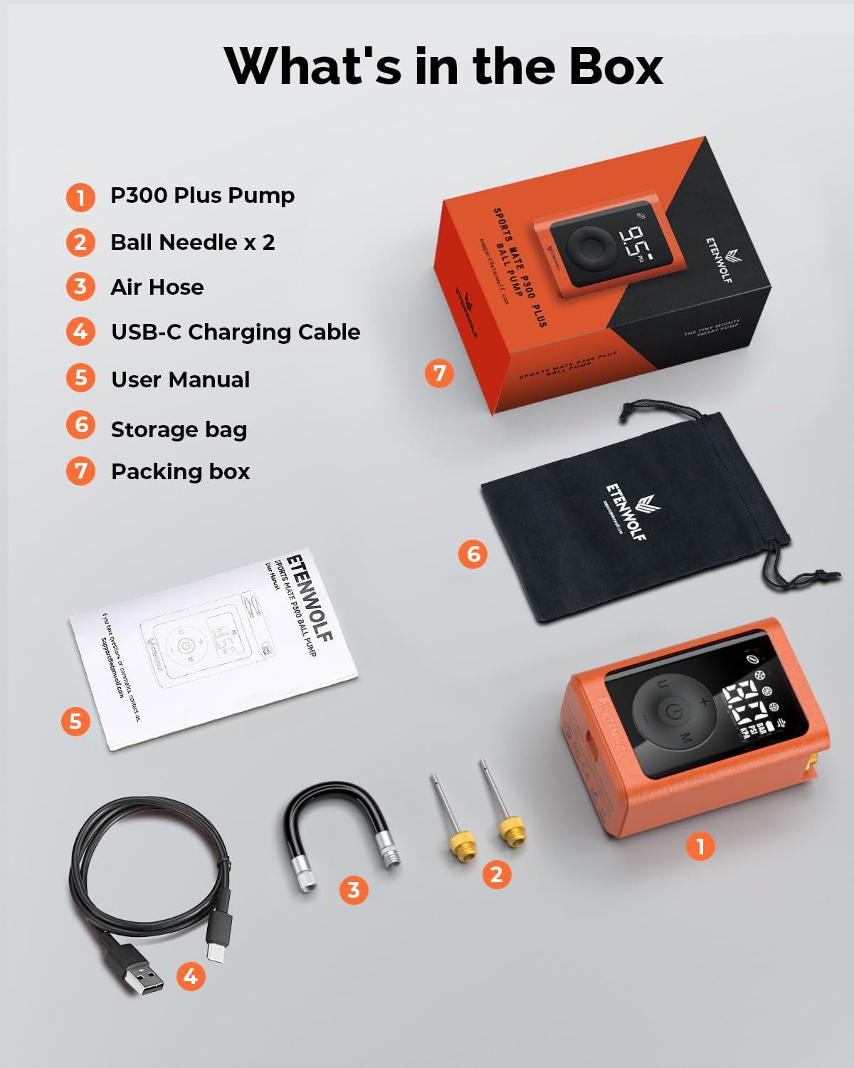 ETENWOLF P300 Plus Ball Pump, Electric Basketball Pump Inflation and Deflation, with 3200 mAh Rechargeable Battery, Air Pump for All Sports Balls, Vivid Orange image 8