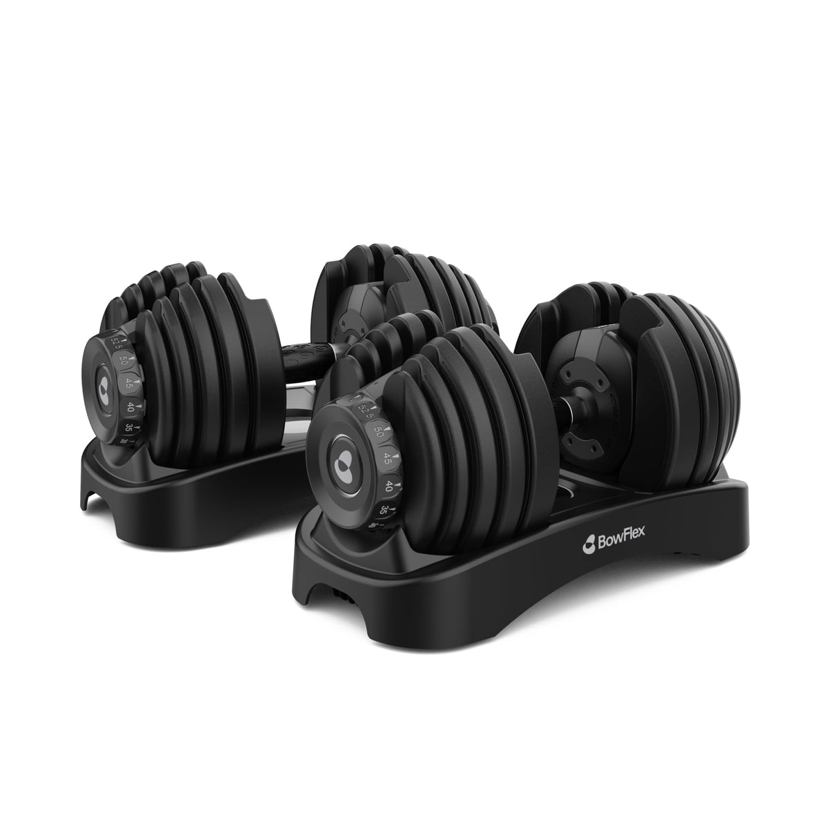 Pair of Bowflex SelectTech 552 adjustable dumbbells showing weight dials