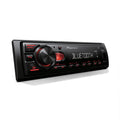 Front view of PIONEER MVH-S230BT 1-DIN car stereo showing display and USB port