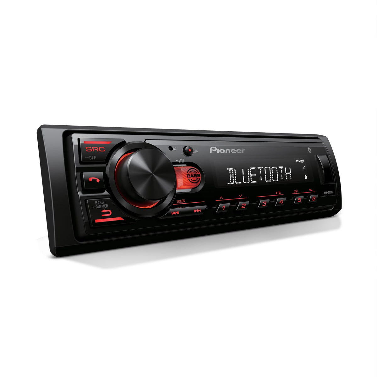 Front view of PIONEER MVH-S230BT 1-DIN car stereo showing display and USB port