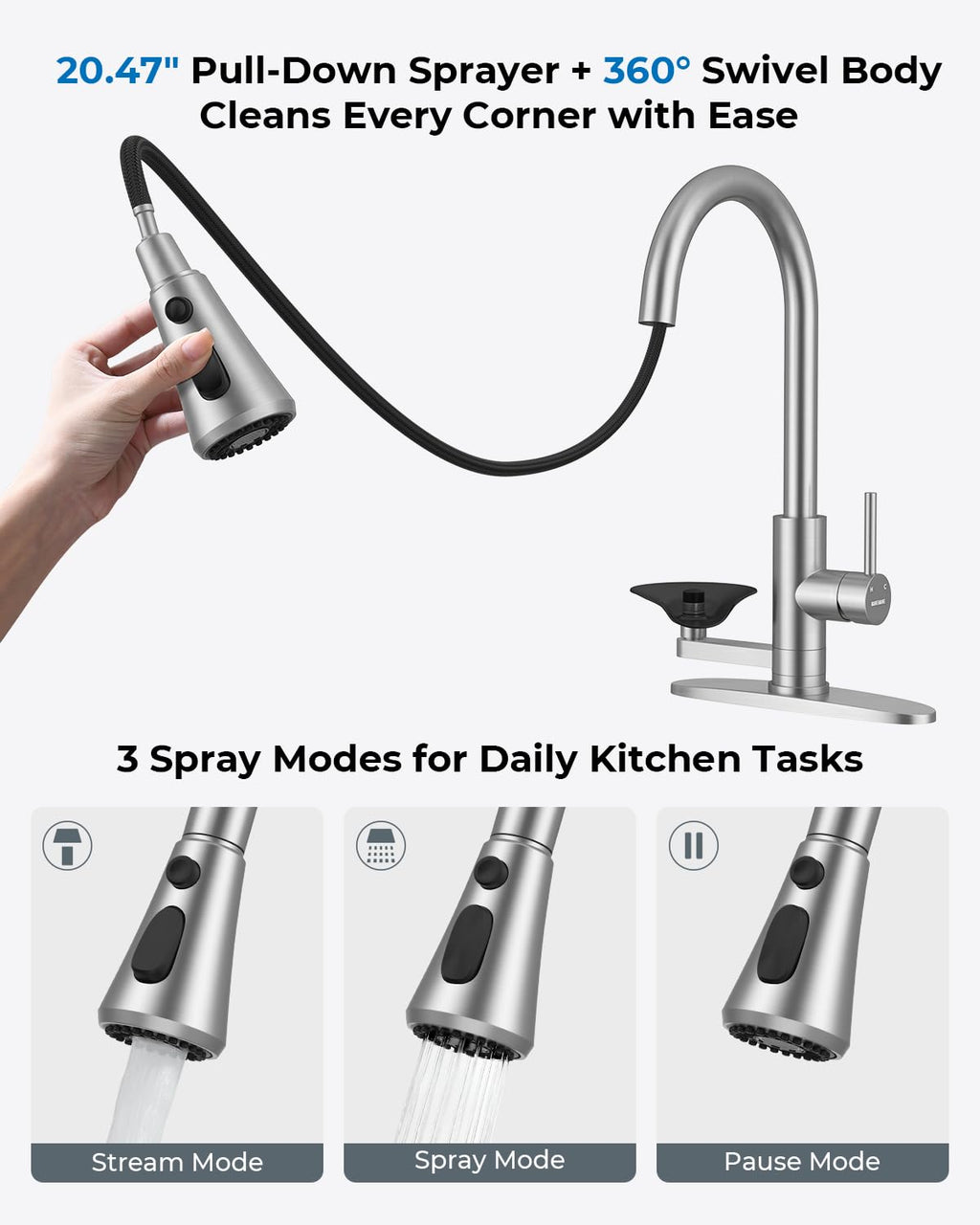 Kitchen Faucet with Glass Rinser, Pull Down Sparyer, 3 Water Modes image 4