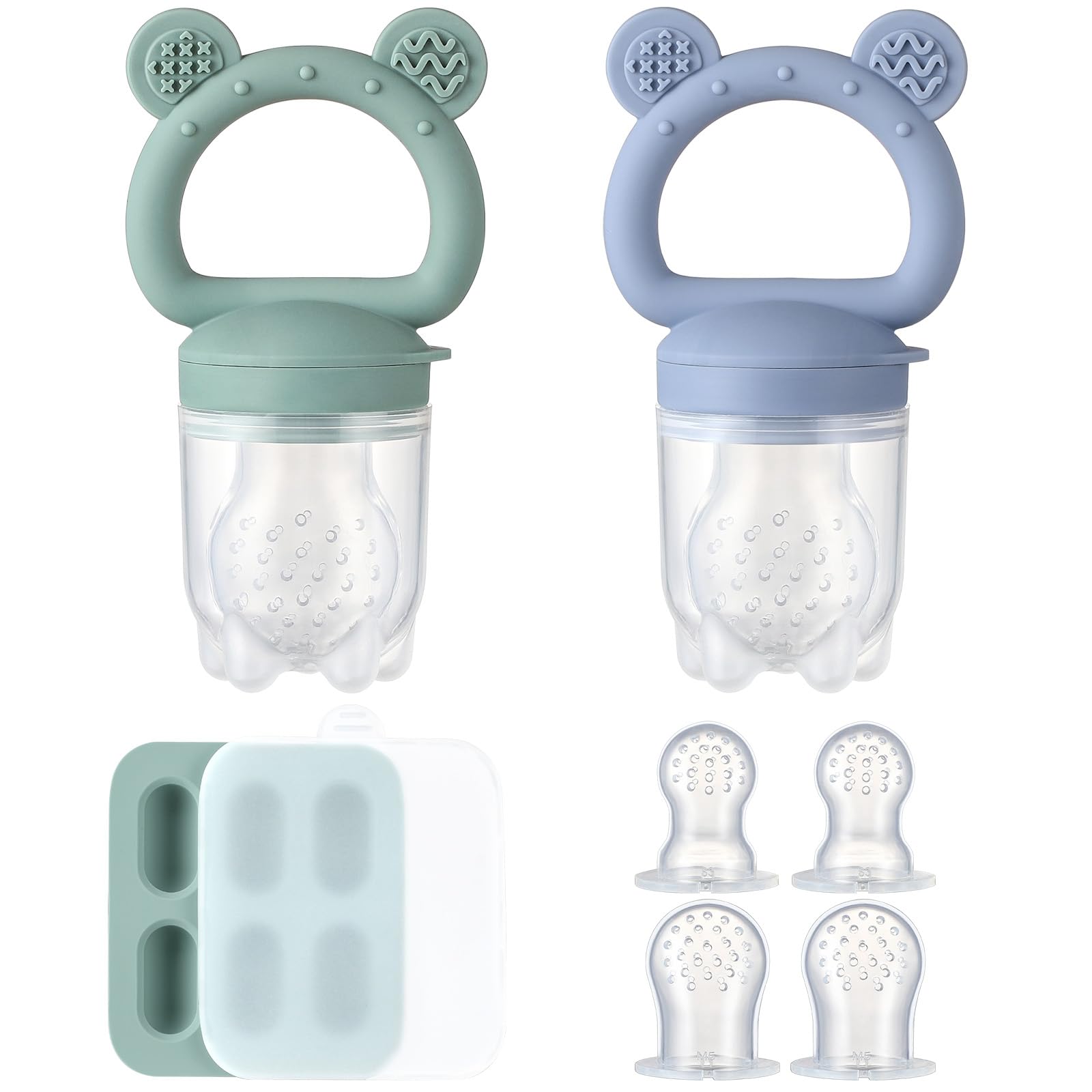 Two POIKSHARK silicone baby fruit feeders with mini freezer tray and extra food pouches