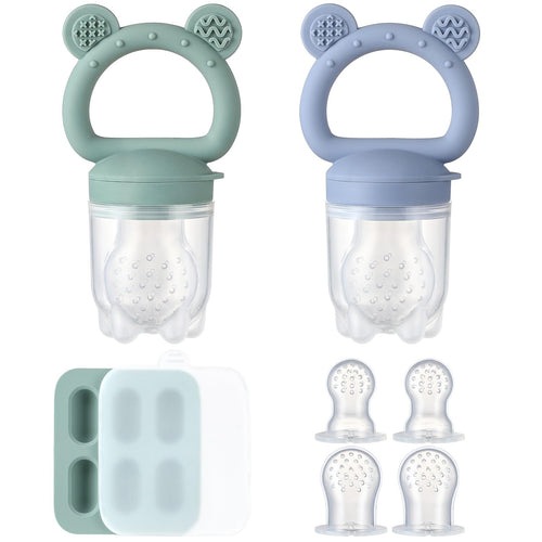 Two POIKSHARK silicone baby fruit feeders with mini freezer tray and extra food pouches