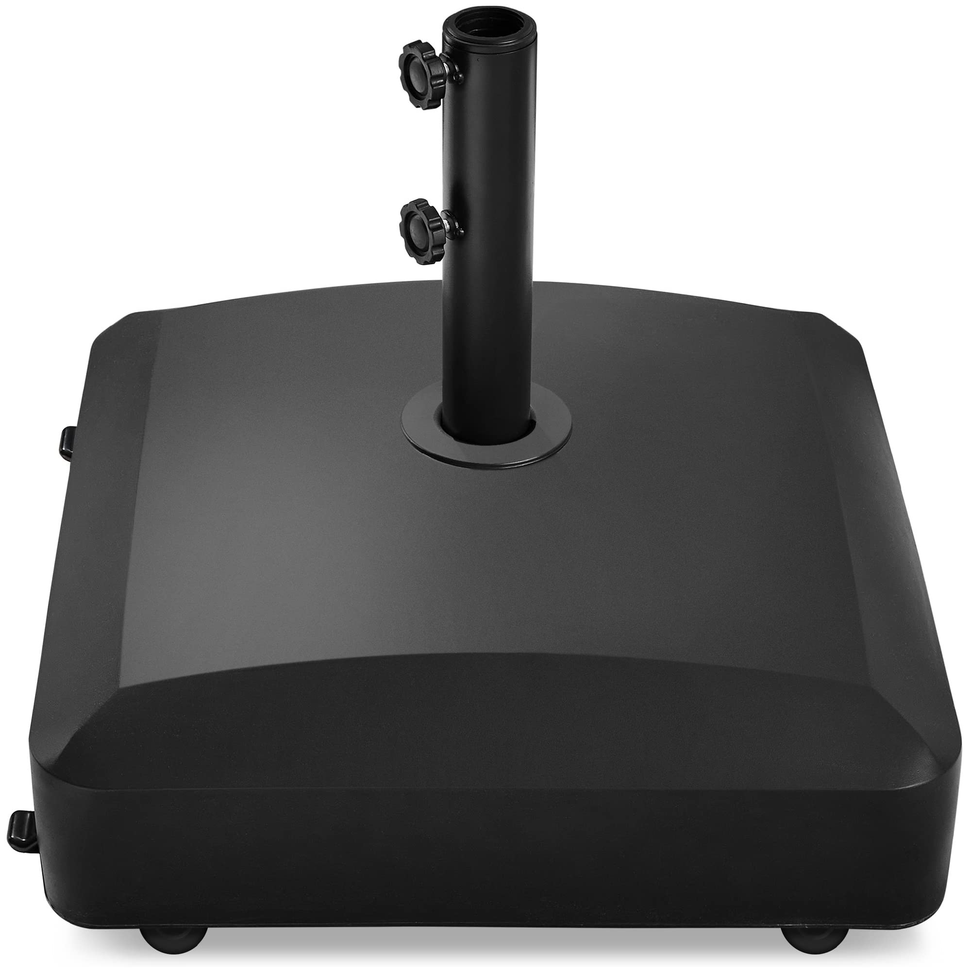 Black fillable mobile umbrella base with four wheels and locking knobs
