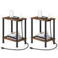 Rustic brown HOOBRO side table with two storage shelves and built-in USB ports and outlets