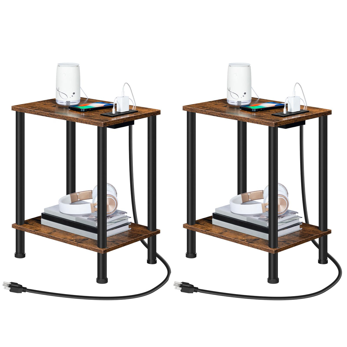 Rustic brown HOOBRO side table with two storage shelves and built-in USB ports and outlets