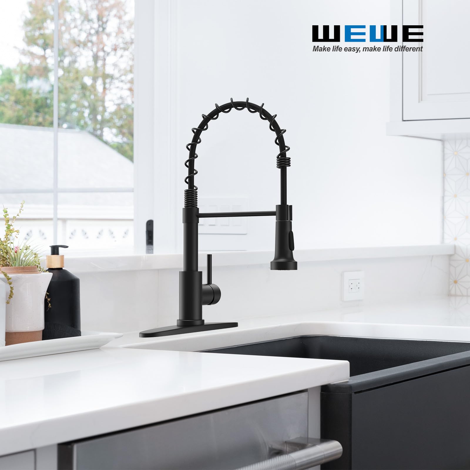WEWE Black Kitchen Faucet with Pull Down Sprayer, High Arc Bar Sink Faucet image 2