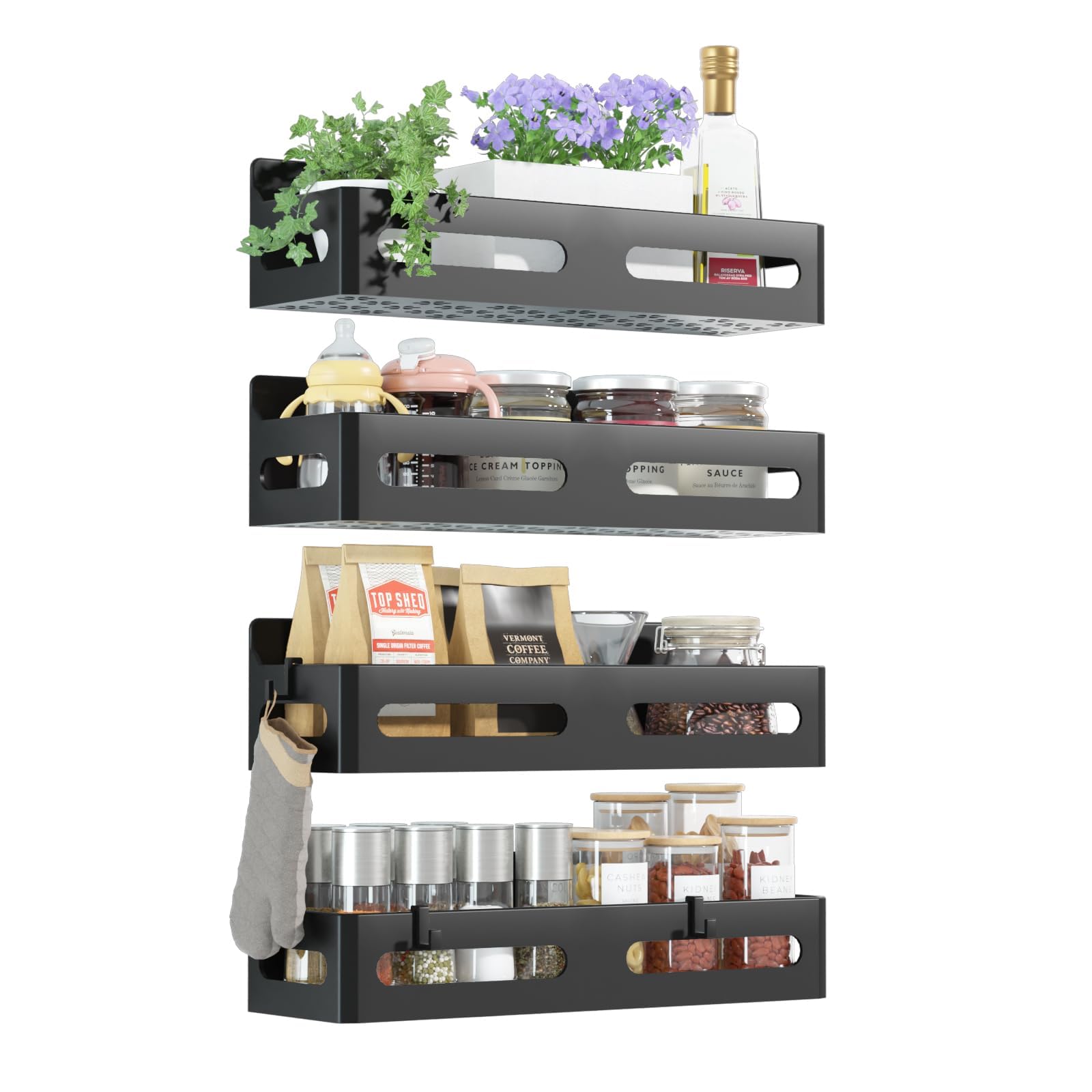 Black Sevenblue magnetic spice rack mounted on refrigerator door holding four spice jars on hooks