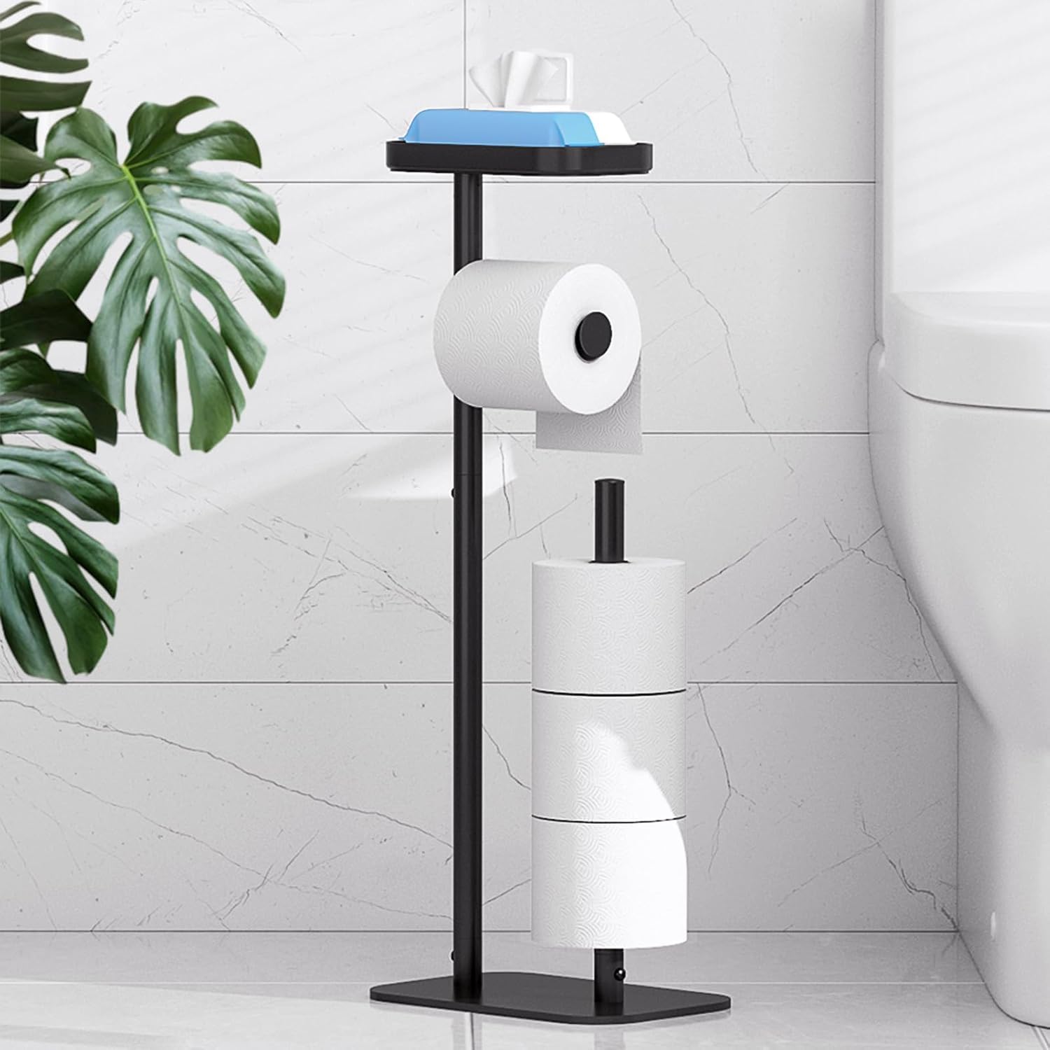 Black Kitsure metal freestanding toilet paper holder with vertical post and weighted base