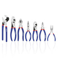 Blue-handled WORKPRO 7-piece pliers arranged on white background