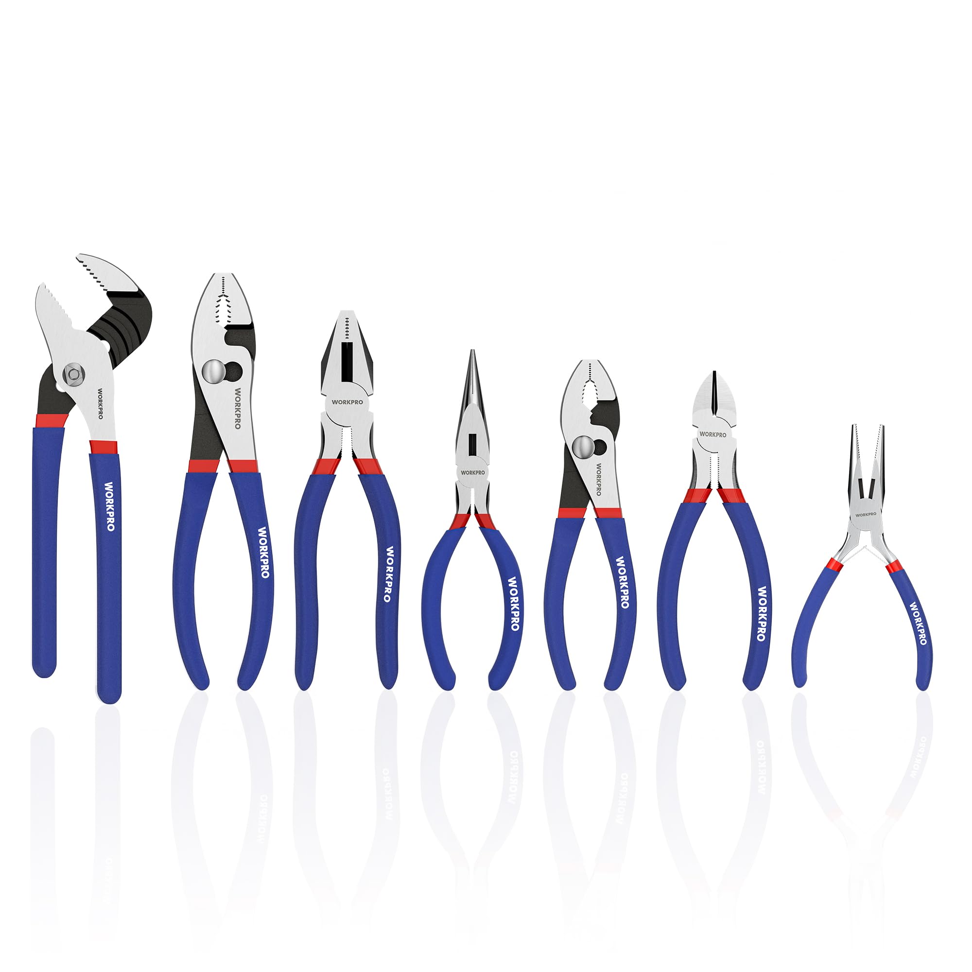 Blue-handled WORKPRO 7-piece pliers arranged on white background