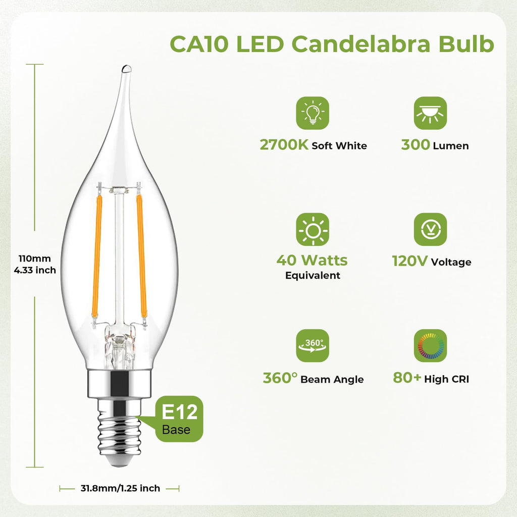 Sigalux E12 Candelabra Bulb 40 Watt Equivalent, Dimmable LED Chandelier Light Bulbs 2700K Soft White, CA10 Candle Shape E12 LED Bulb for Ceiling Fan, 3W 300LM, 12 Pack image 2