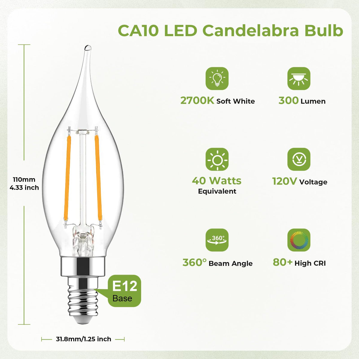 Sigalux E12 Candelabra Bulb 40 Watt Equivalent, Dimmable LED Chandelier Light Bulbs 2700K Soft White, CA10 Candle Shape E12 LED Bulb for Ceiling Fan, 3W 300LM, 12 Pack image 2