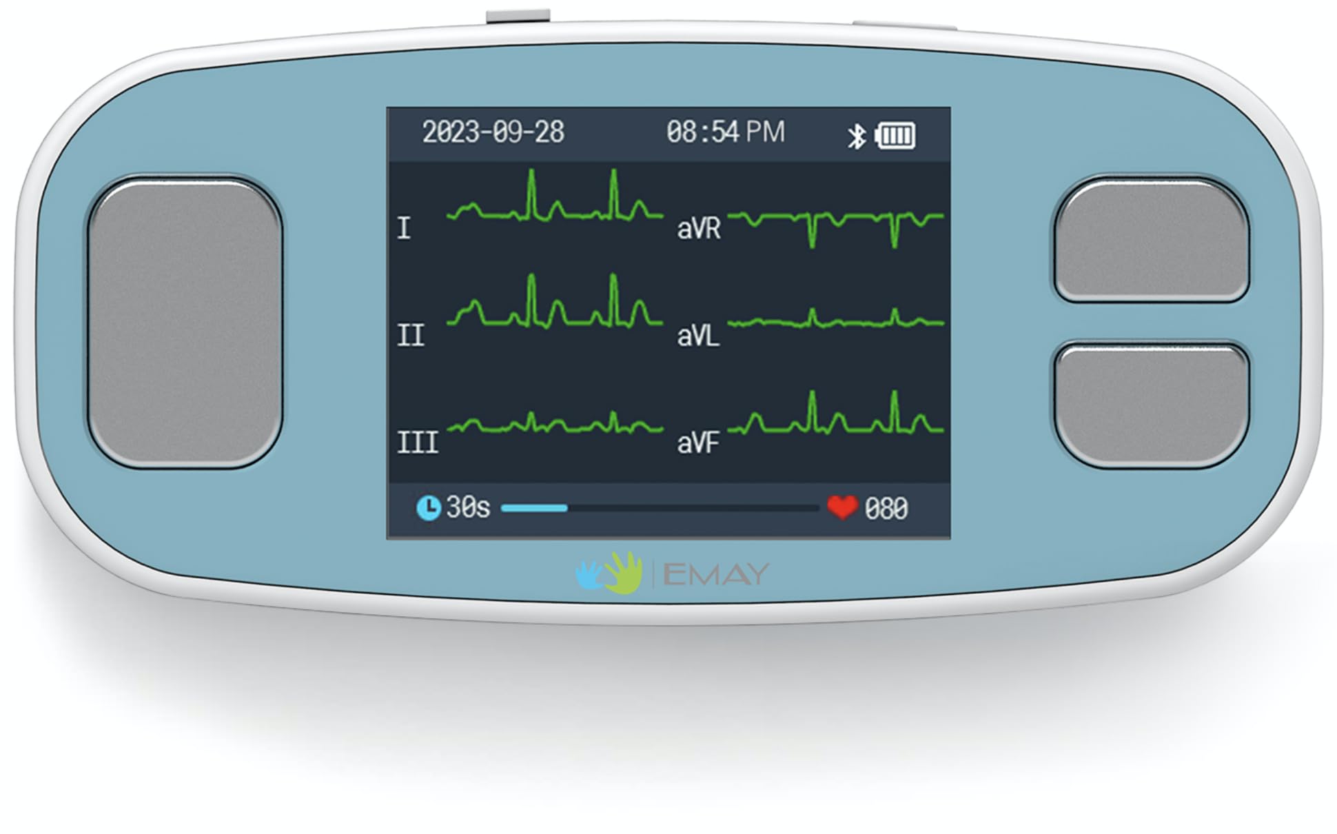 EMAY 6L portable ECG monitor device displaying ECG waveform, attached electrode leads