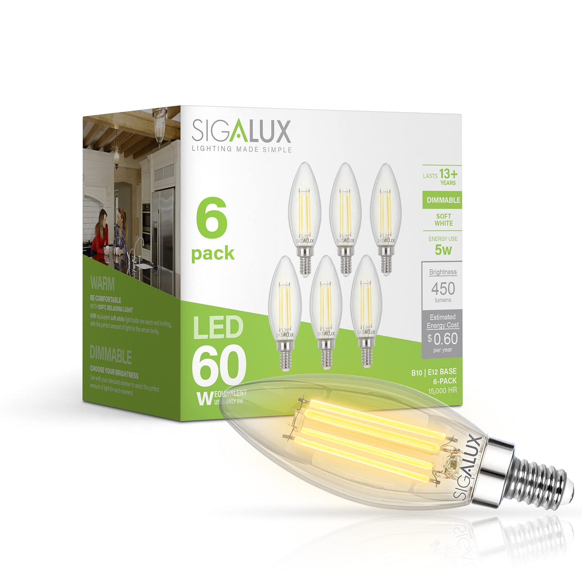 Sigalux E12 LED Bulbs 60 Watt, B10 Dimmable Chandelier Light Bulbs, 5W Clear LED Filament Candelabra Light Bulb, Soft White 2700K 450LM Candle Light Bulbs for Chandeliers, Ceiling Fan, 6 Pack