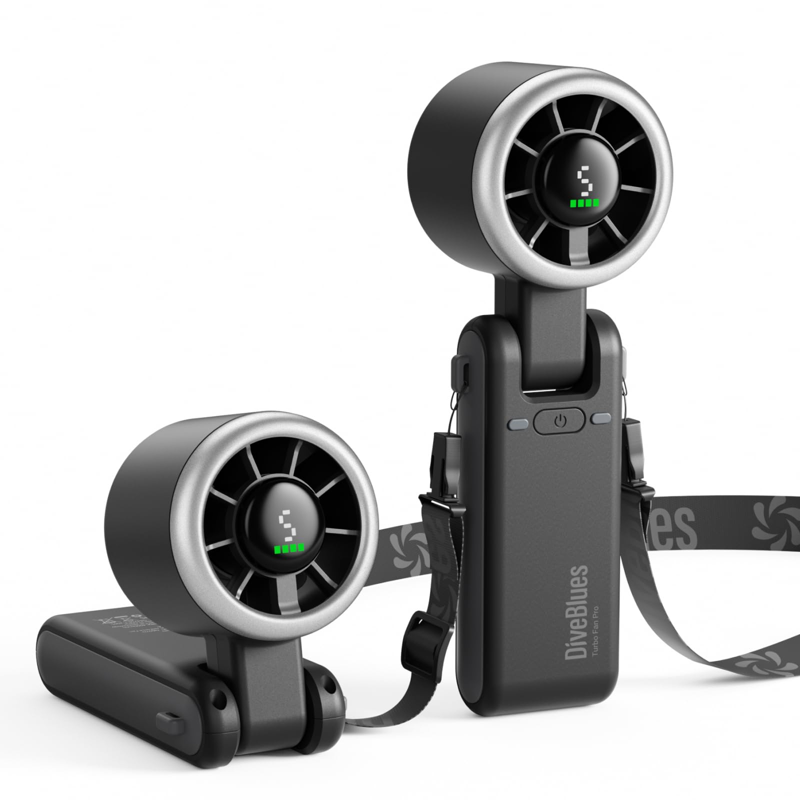 Diveblues portable handheld turbo fan showing compact grip and front fan grill