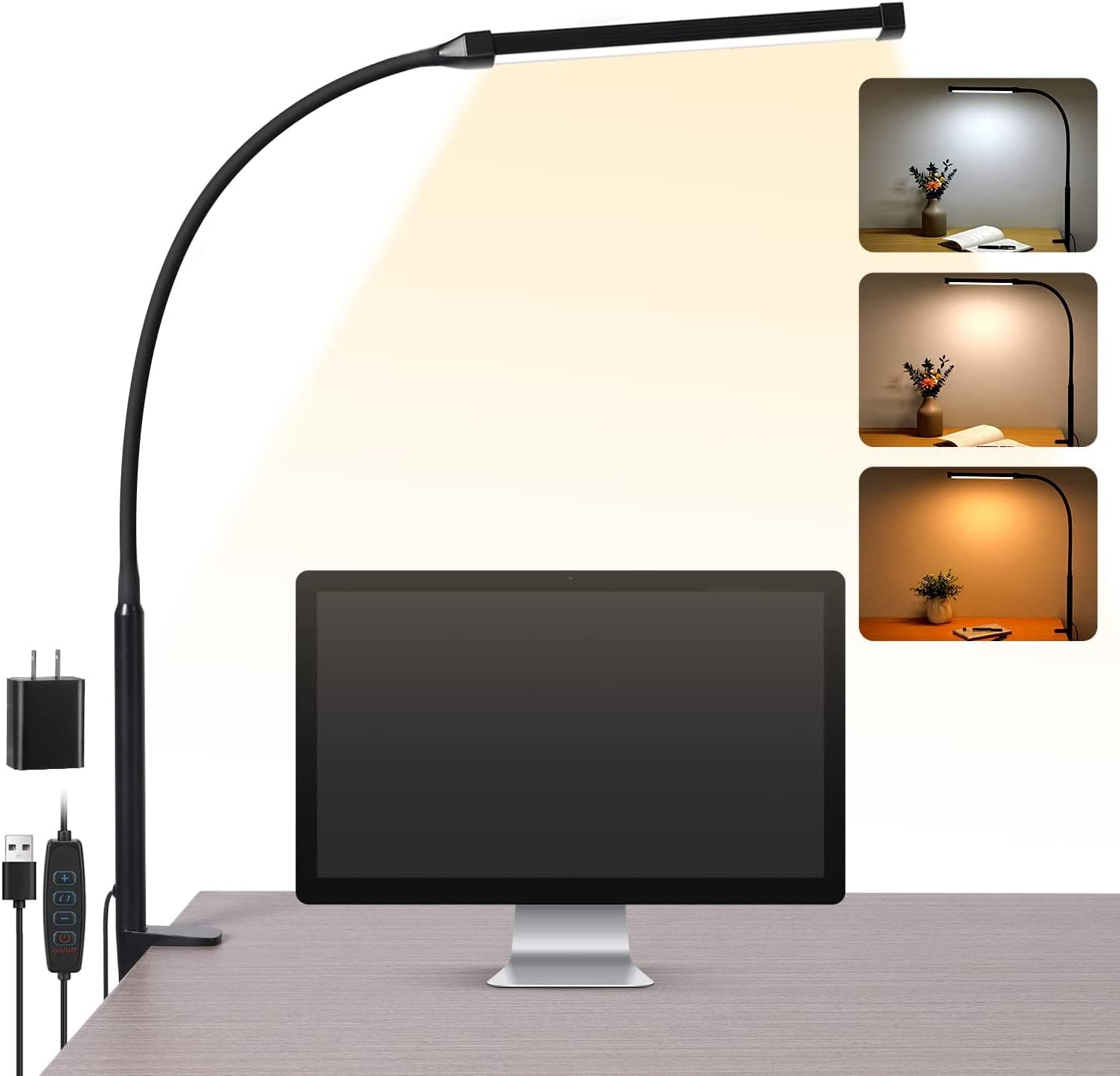 Black Voncerus LED clamp desk lamp on desk, adjustable gooseneck, clip base