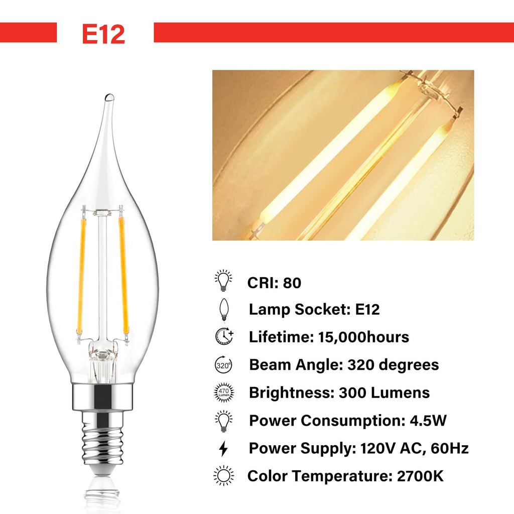 Sengled E12 Candelabra Bulb 60W Equivalent LED Chandelier Light Bulbs, 5W Dimmable E12 LED Bulb, 2700K Soft White 450LM Candelabra Base, Flame Tip Candle Light Bulbs, 12 Packs image 2