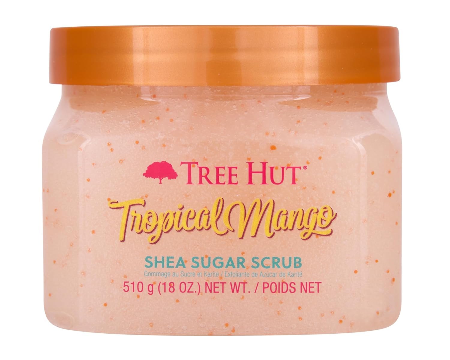 18 oz jar of Tree Hut Tropical Mango body scrub with mango-themed label