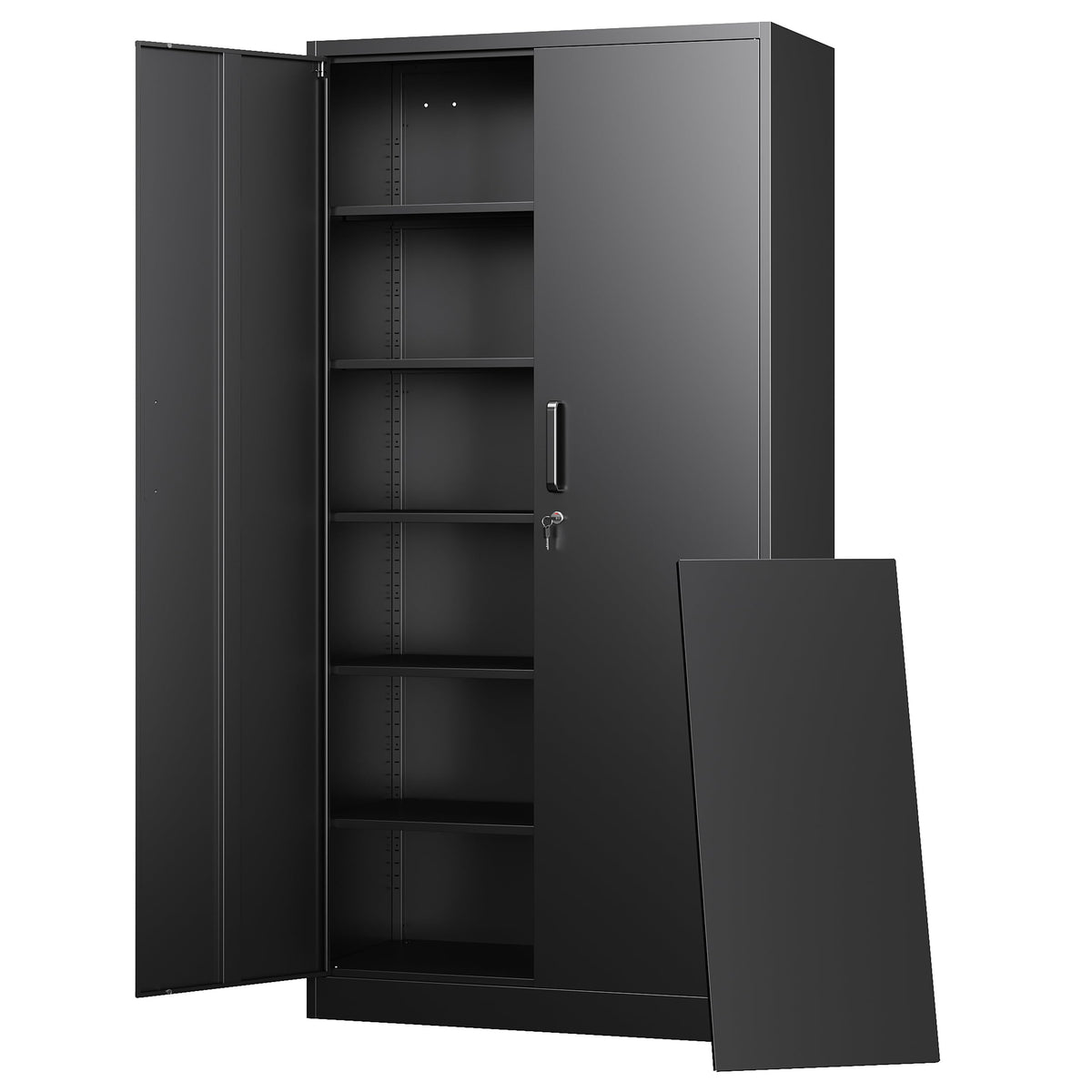 Black Letaya tall metal storage cabinet with lock and five adjustable shelves
