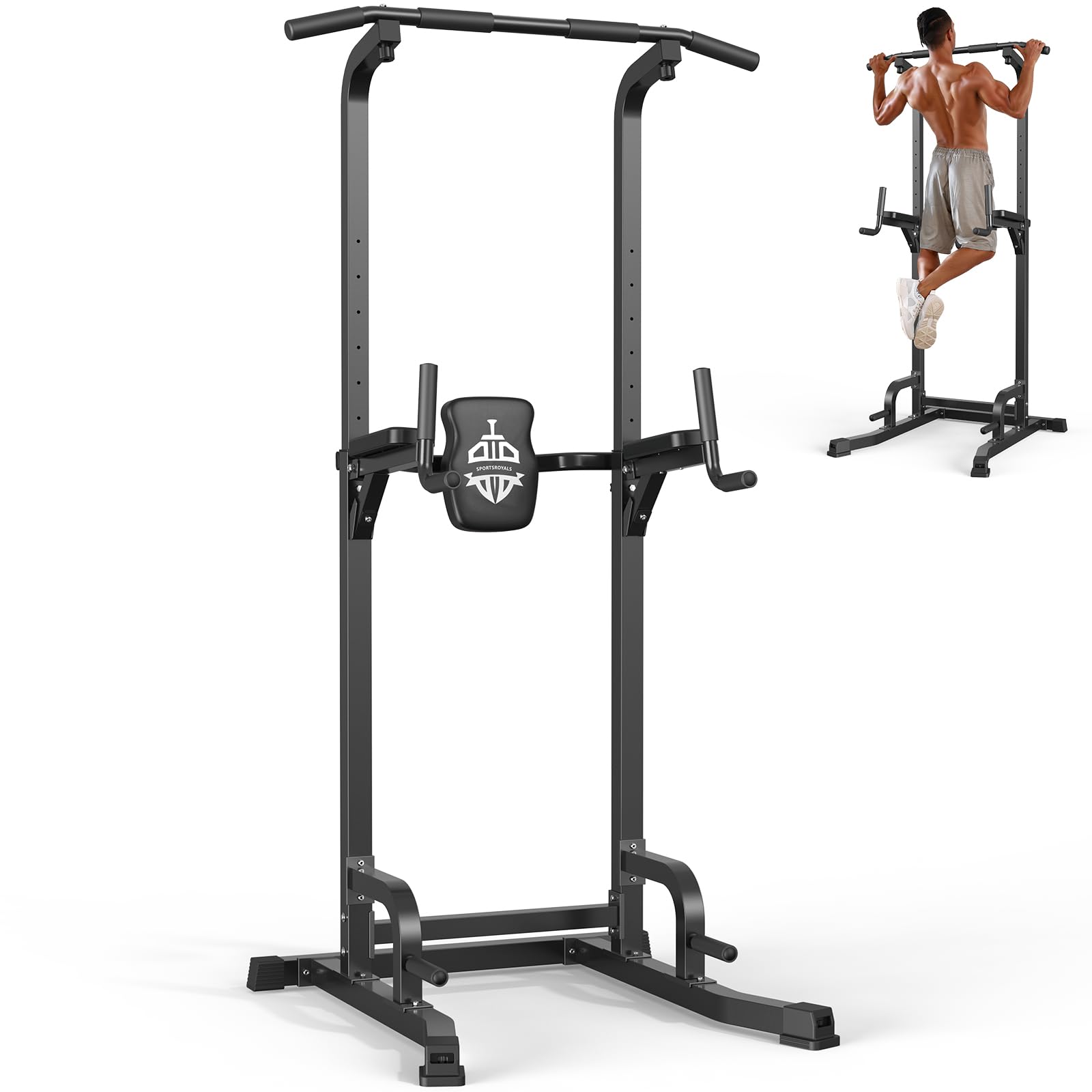 Sportsroyals black power tower showing pull-up bar, dip station, push-up handles, adjustable foot pads